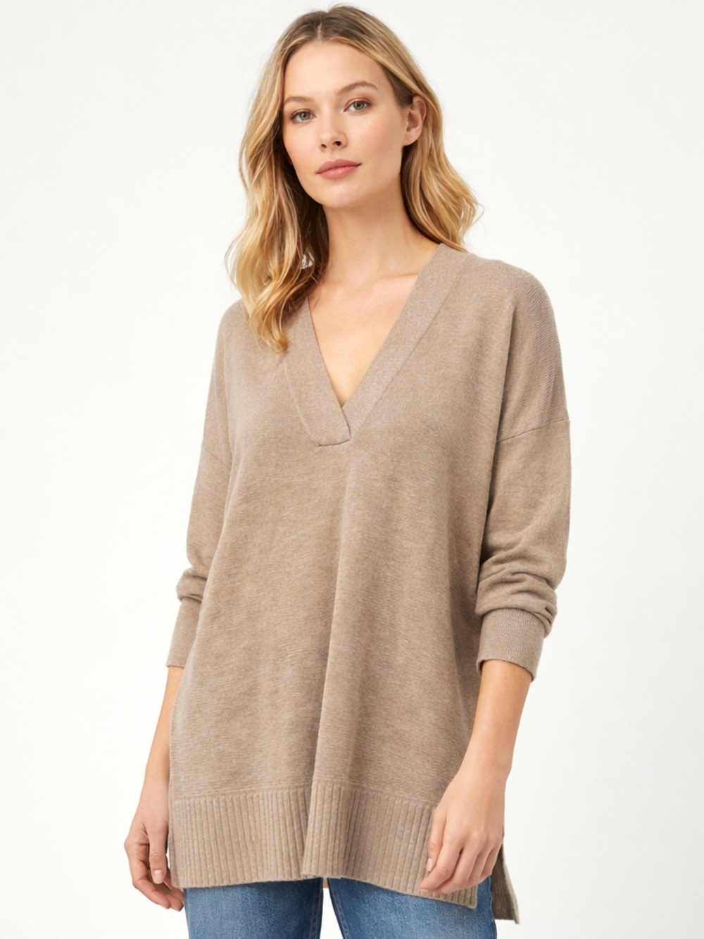 LILLA P Beige V Neck Side Slit Cotton Modal Sweater Tunic L